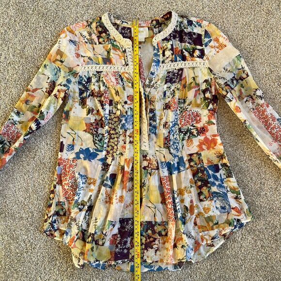 Anthropologie Maeve Abella Blouse Floral Patchwork Crochet Trim Top Size 0 - Picture 9 of 16
